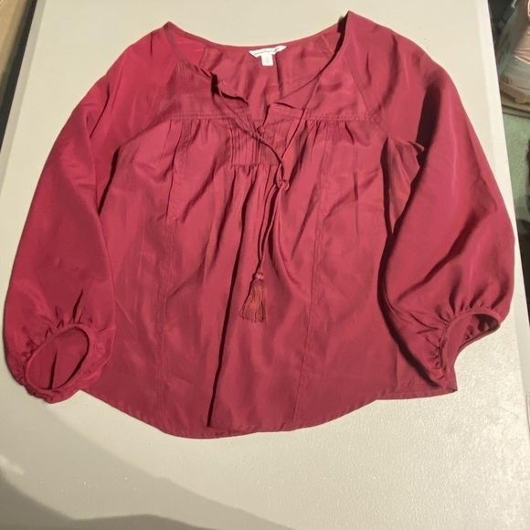 American Eagle AEO Burgundy Boho Bohemian V-Neck Tassel Blouse Women's Small S - Picture 1 of 8